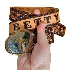 Vintage Malloy Tooled Leather Western Belt 30 Horse German Silver Buckle Betty